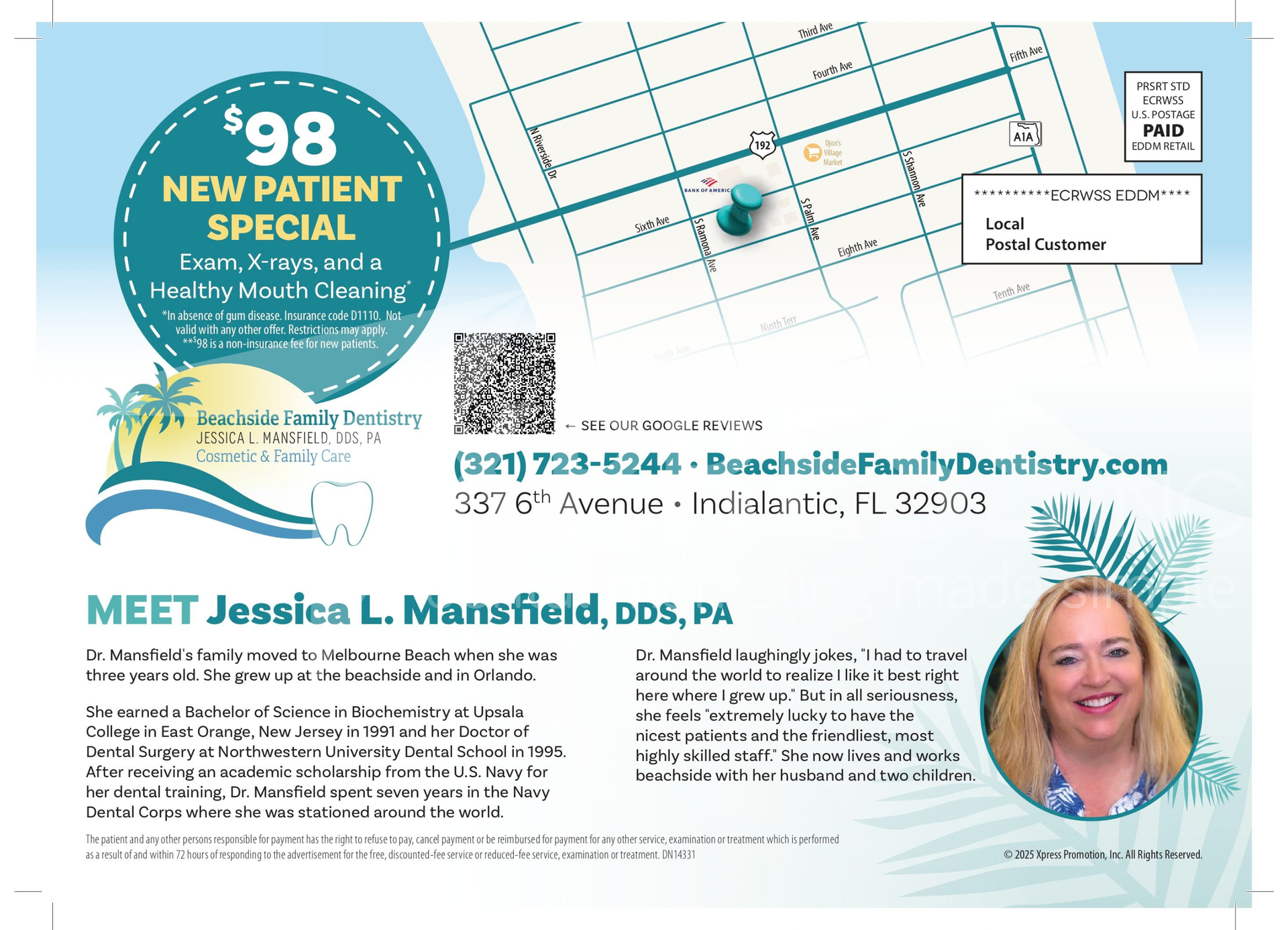 Promotional flyer for Montpelier Family Dentistry, listing services, a new patient offer, location, and contact information.