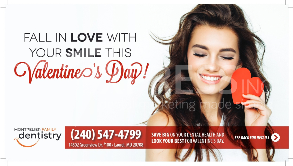 Dental Wellness Center advertisement with a person eating an apple, a dental implant diagram, and contact information.