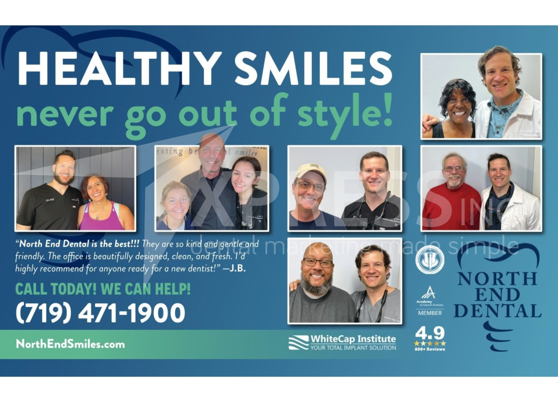 Flyer for Astra Dental Care in Bloomingdale, IL, featuring special offers, contact info, a location map, and website.