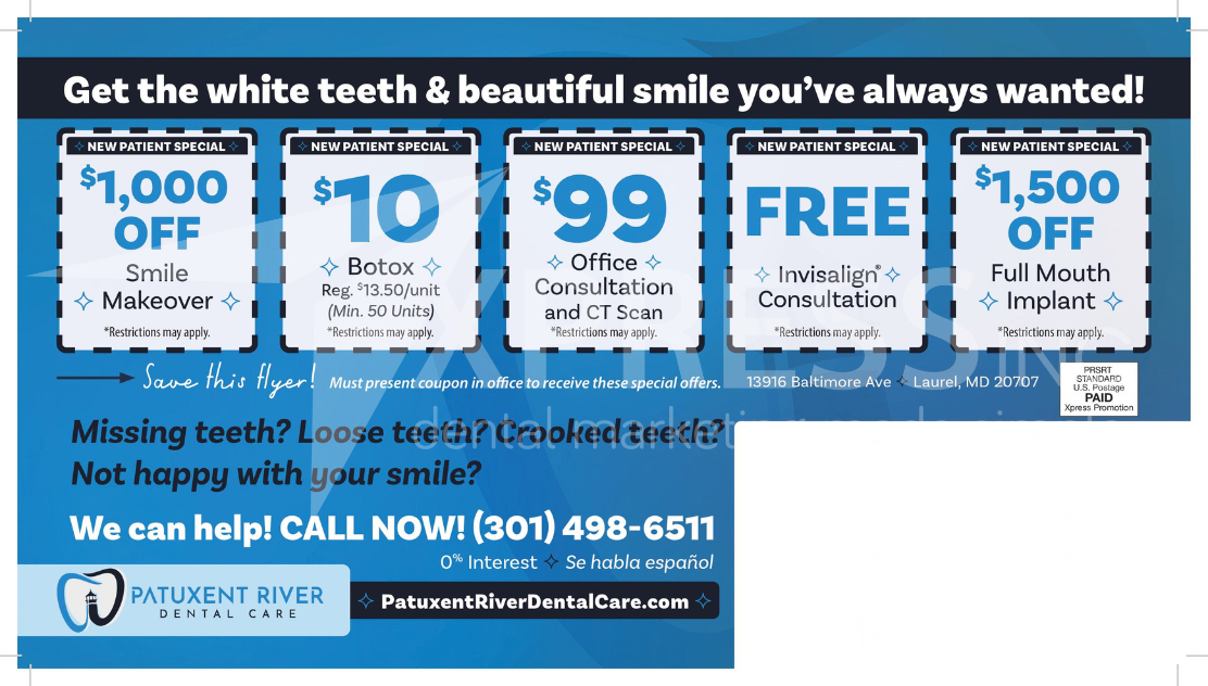 A dental promotion by Smiles by Design, featuring a $149 diagnostic visit, contact info, and office location in Syracuse, NY.