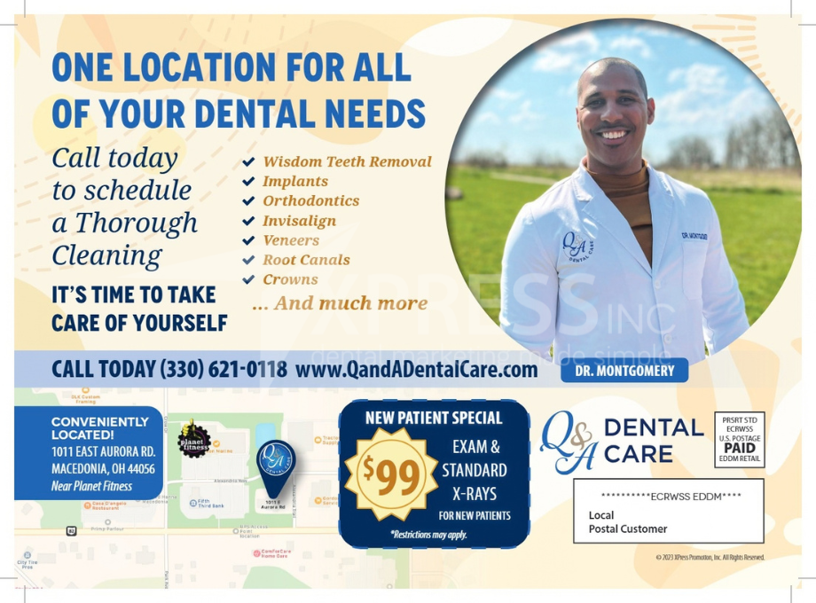 Promotional flyer for Montpelier Family Dentistry, listing services, a new patient offer, location, and contact information.