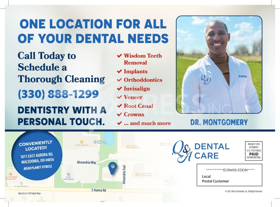 A dental promotion by Smiles by Design, featuring a $149 diagnostic visit, contact info, and office location in Syracuse, NY.