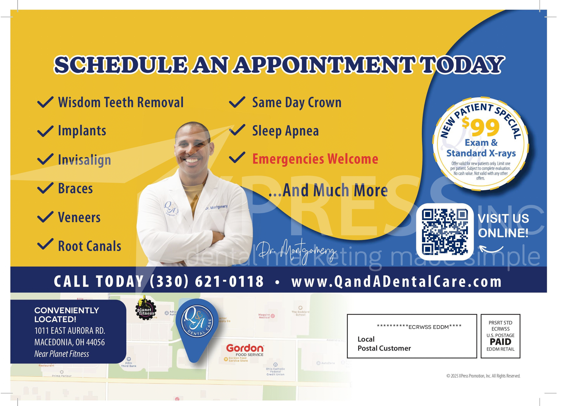 Flyer for Astra Dental Care in Bloomingdale, IL, featuring special offers, contact info, a location map, and website.