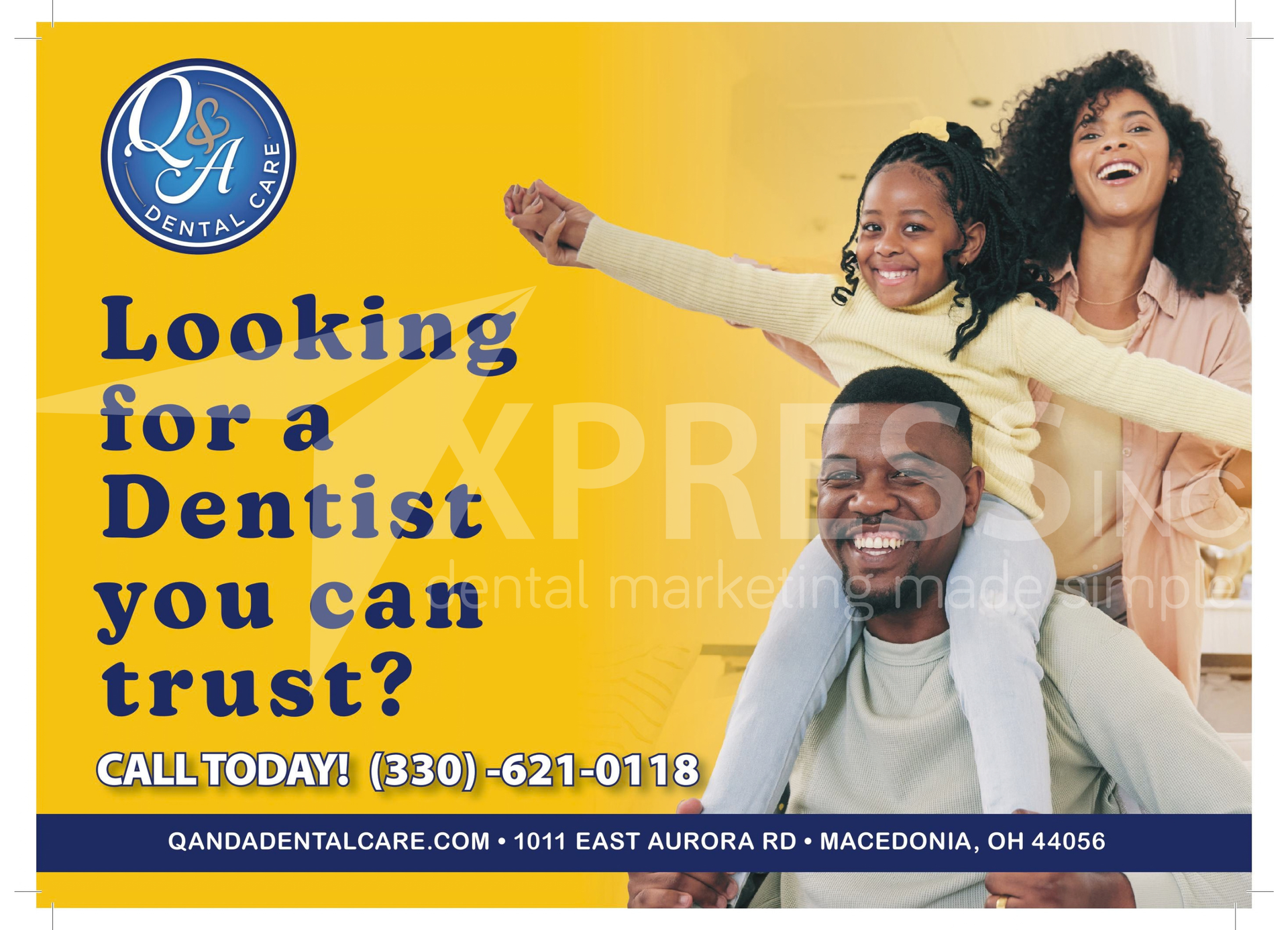 Grand opening flyer for Astra Dental Care in Bloomingdale, IL, featuring Dr. Shamil Shafi and a special offer.