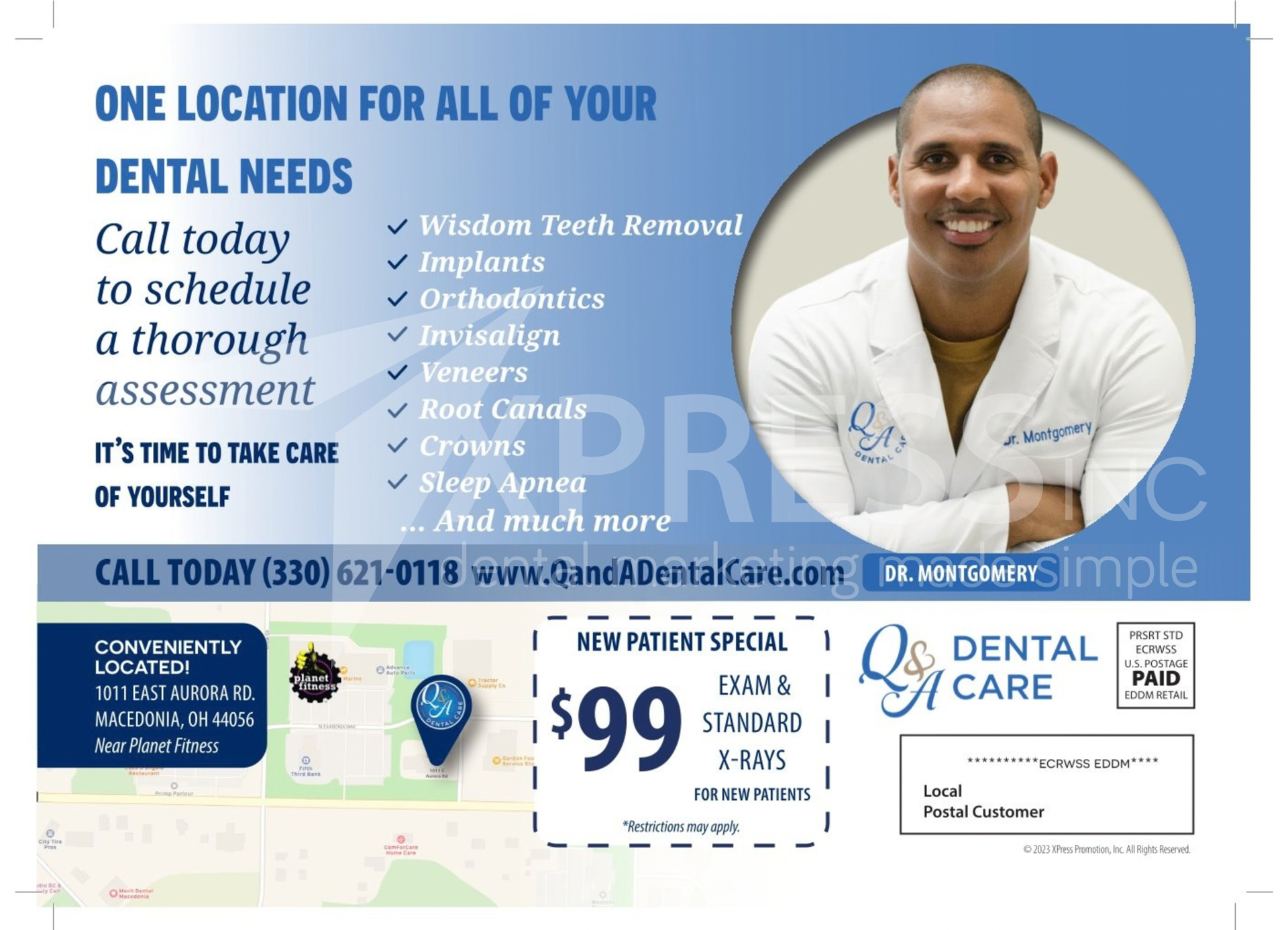 Promotional postcard for Core Dentistry, featuring a $59 new patient special, contact info, and map for their Fort Mill office.