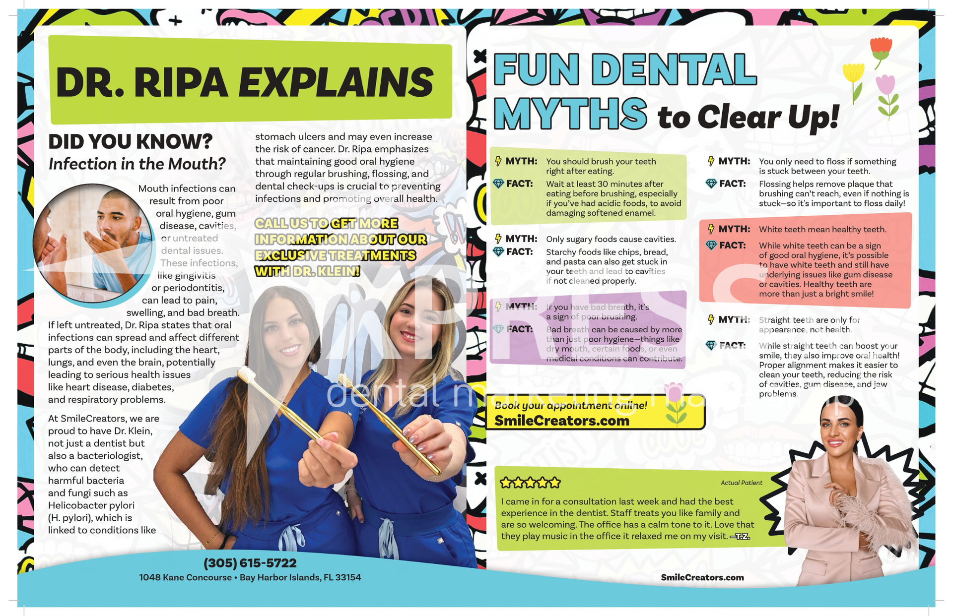A dental promotion by Smiles by Design, featuring a $149 diagnostic visit, contact info, and office location in Syracuse, NY.