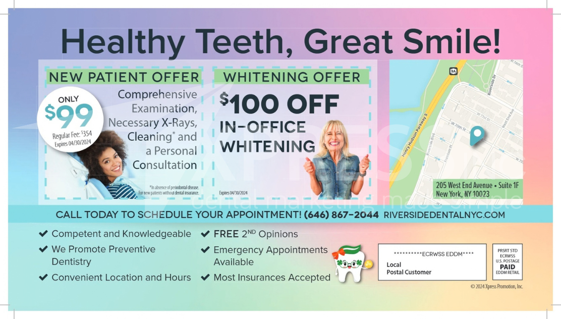 Promotional flyer for Bella Dental, featuring a dentist, office details, contact info, and special patient offers.