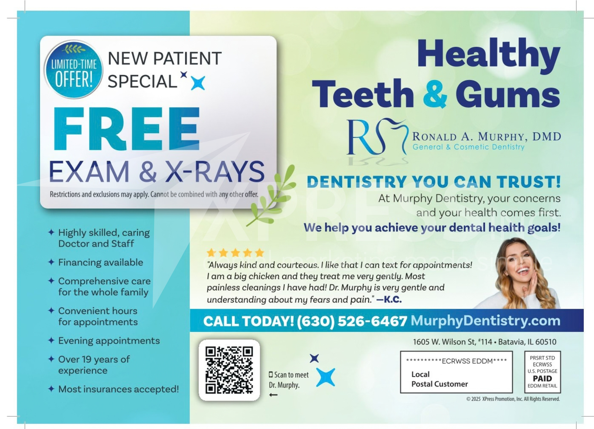 Promotional flyer for Hometown Dental featuring grand opening offers, contact info, location, and staff photos.