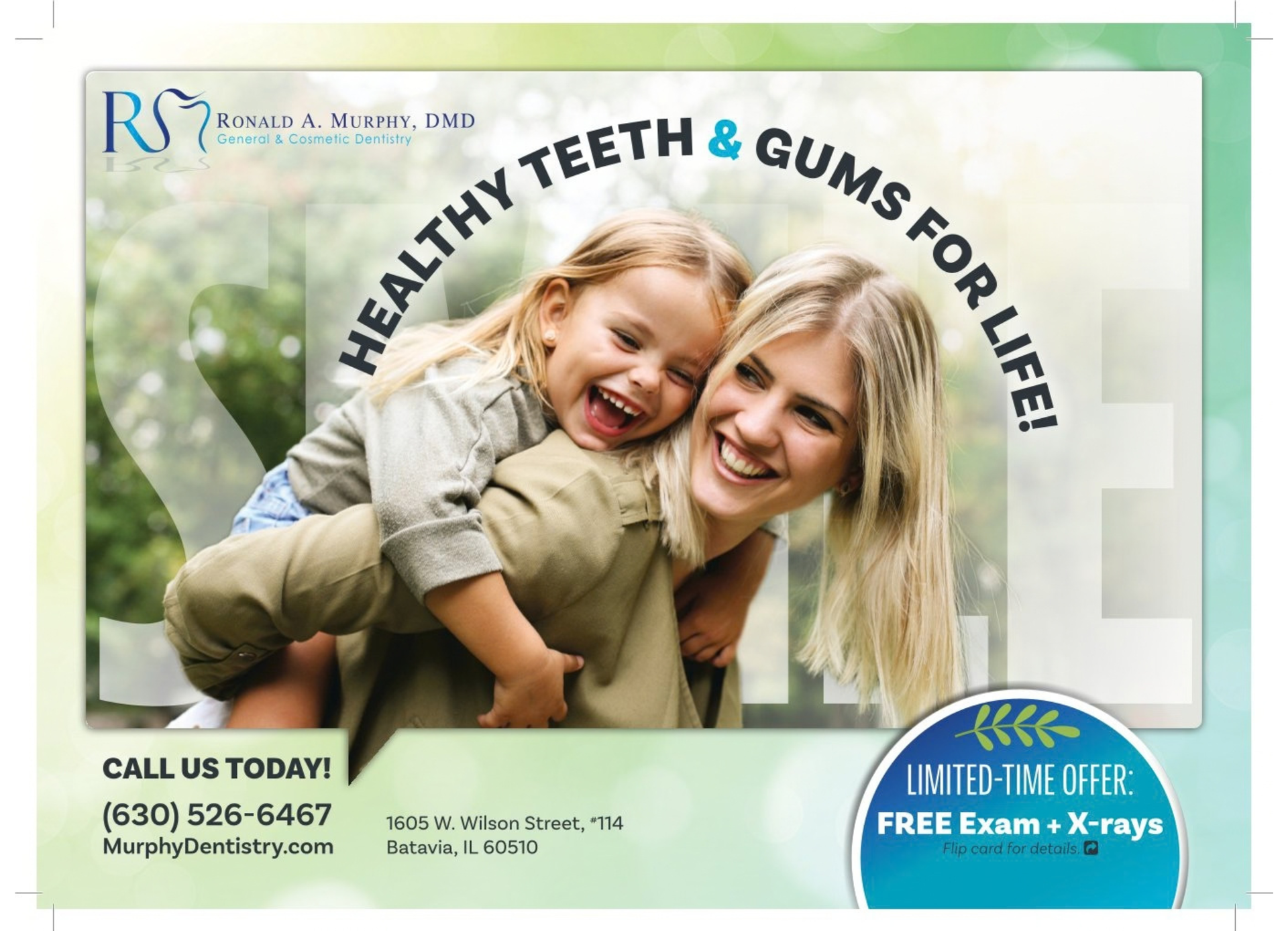 Grand opening flyer for Hometown Dental featuring special discounts, contact information, and address.