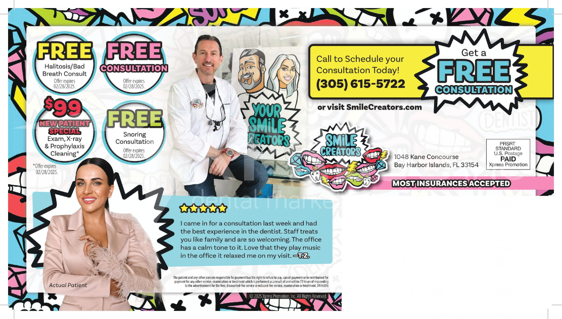 A dental promotion by Smiles by Design, featuring a $149 diagnostic visit, contact info, and office location in Syracuse, NY.
