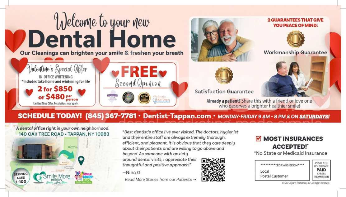 Promotional flyer for ABC Family Dentistry offering dental implants, contact information, a map, and special offers.