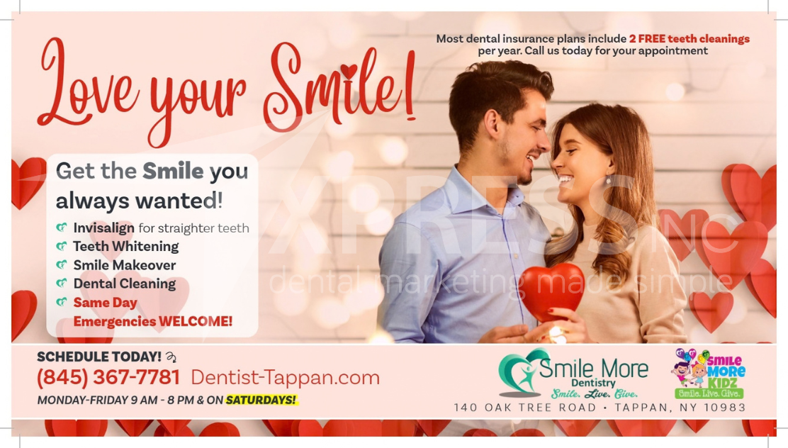 Dental implant advertisement featuring a smiling person holding a phone and contact information for ABC Family Dentistry.