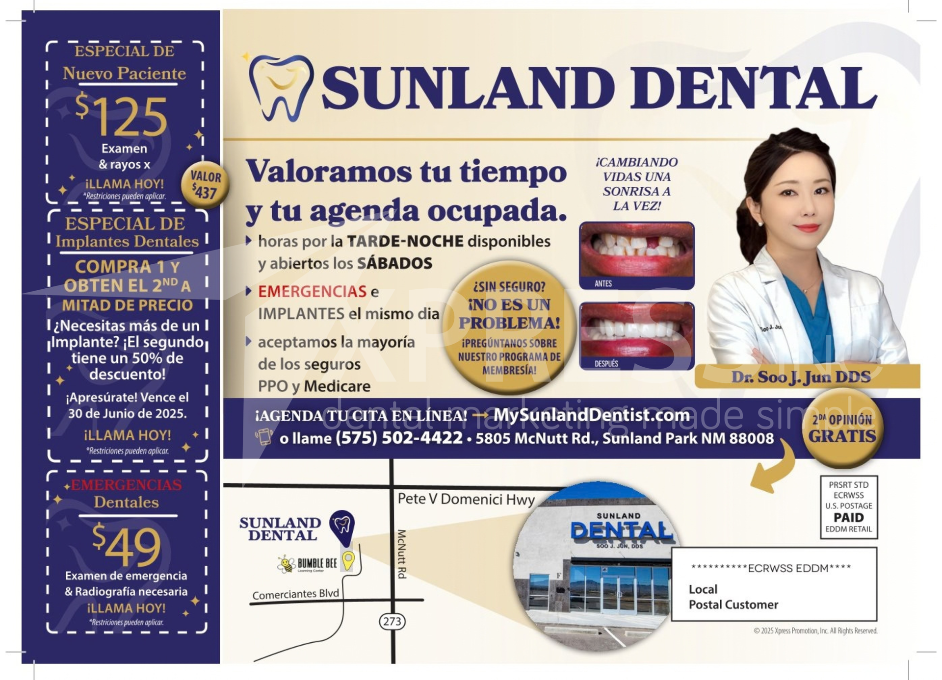 A postcard announcing the opening of Friddle Dental in Alexandria, VA, featuring a grand opening offer and office hours.