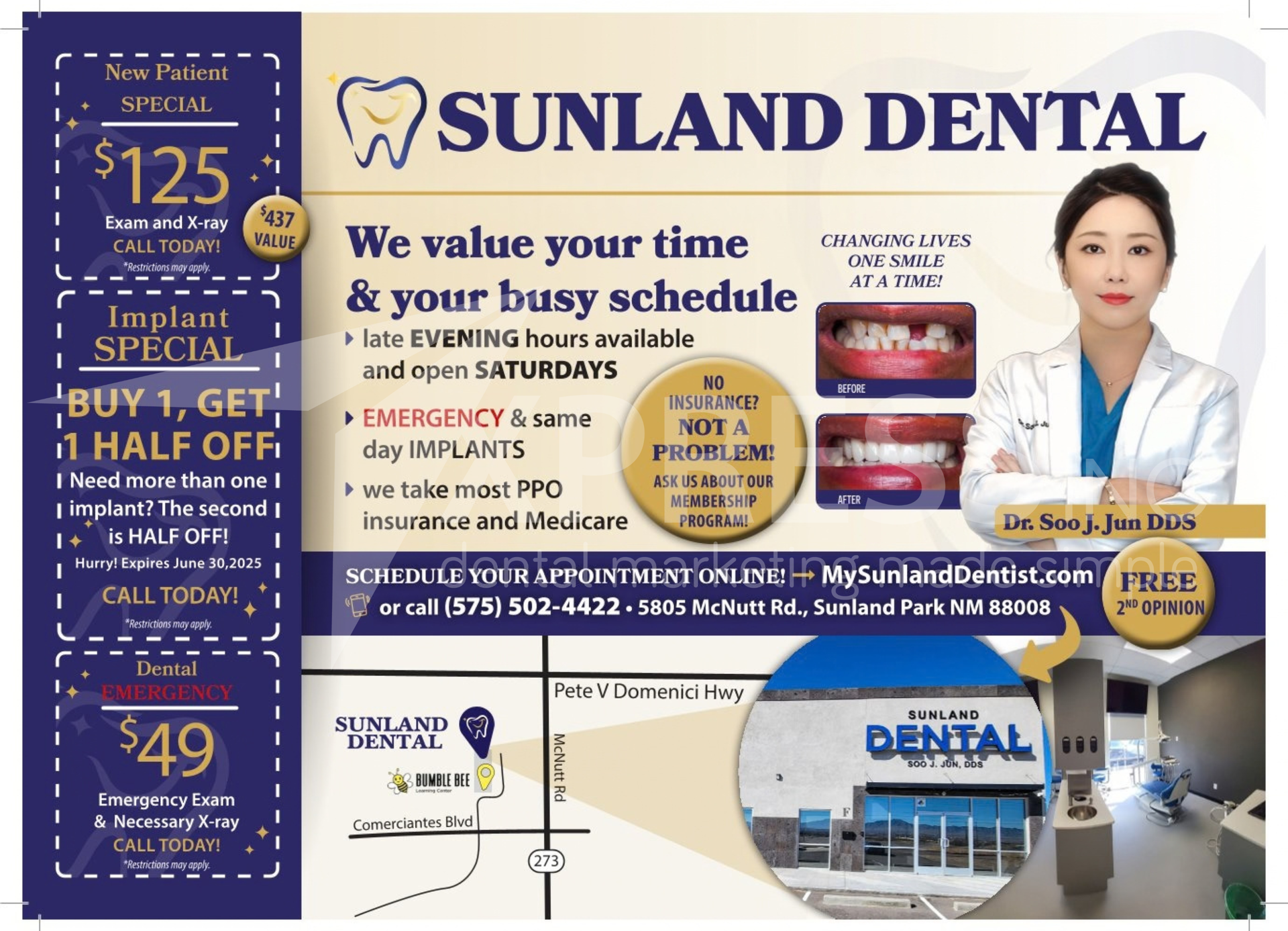 Grand opening announcement for Friddle Dental at Eisenhower Station, featuring a special offer of $99 for services.