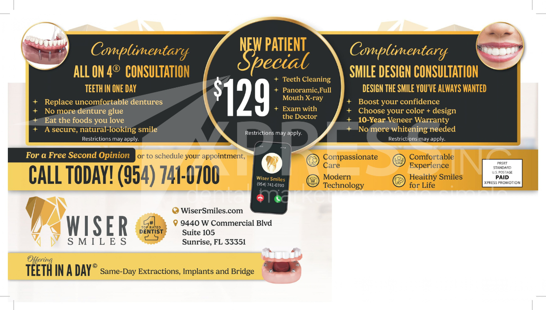 Promotional flyer for Bella Dental, featuring a dentist, office details, contact info, and special patient offers.