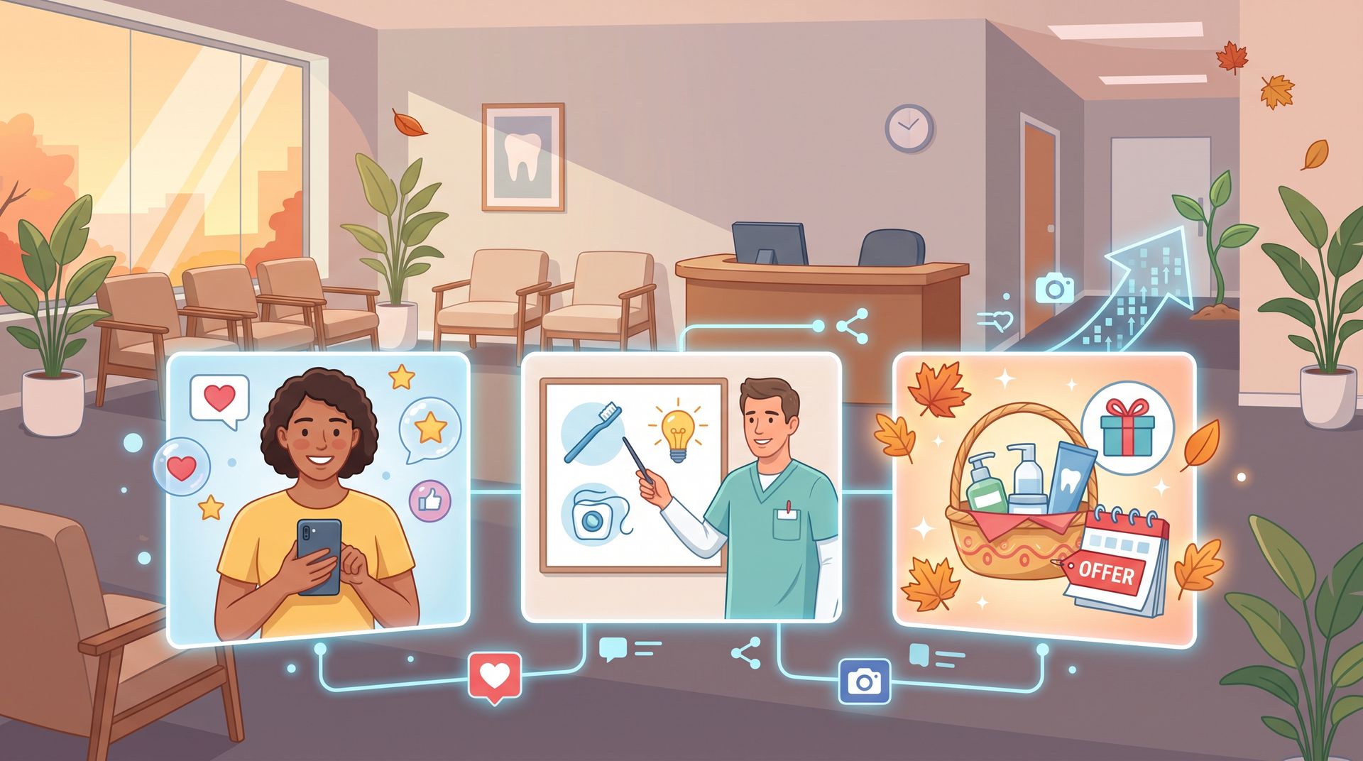 Social media workspace graphic with laptop, smartphone, and app icons in a cozy office.