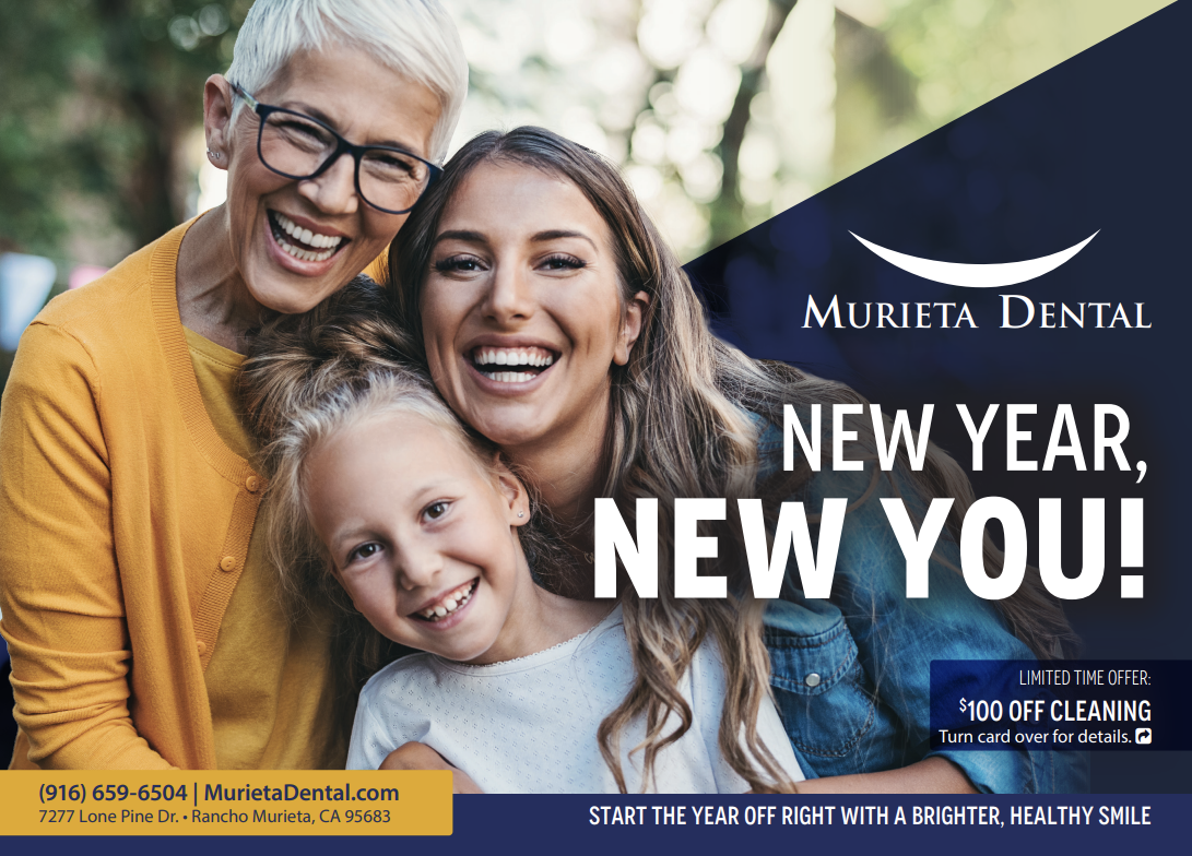 A family smiling together for a Murieta Dental advertisement featuring a promotion for a cleaning.