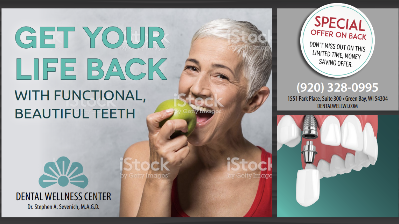 Dental Wellness Center advertisement with a person eating an apple, a dental implant diagram, and contact information.