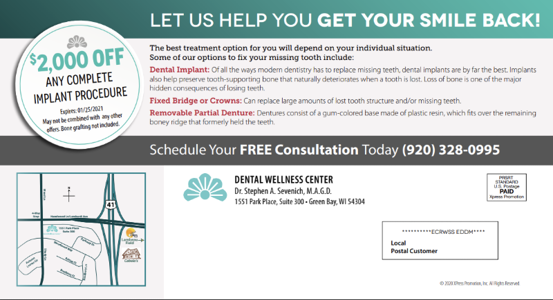 Dental Wellness Center promotional postcard offering $2,000 off implant procedures and a free consultation at (920) 328-0995.