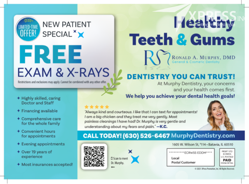 Promotional flyer for Ronald A. Murphy, DMD, advertising a free exam and X-rays for new patients in Batavia, IL.