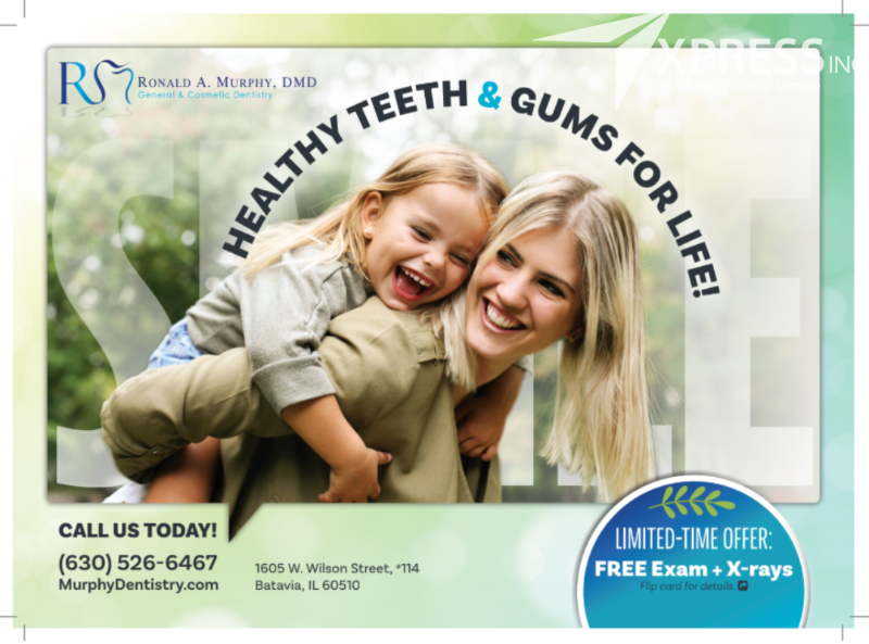 A woman carrying a happy child on her back. Promotional dental ad with text: 