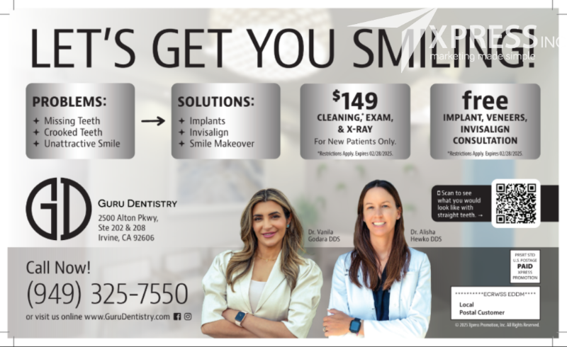 Dental advertisement for Guru Dentistry featuring two professionals, service offerings, contact info, and a QR code.