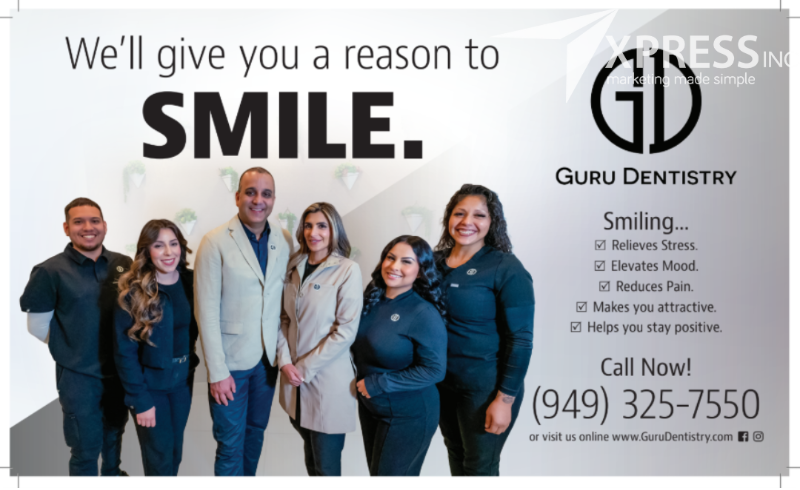 A dental office advertisement featuring six staff members smiling next to text, contact information, and a company logo.