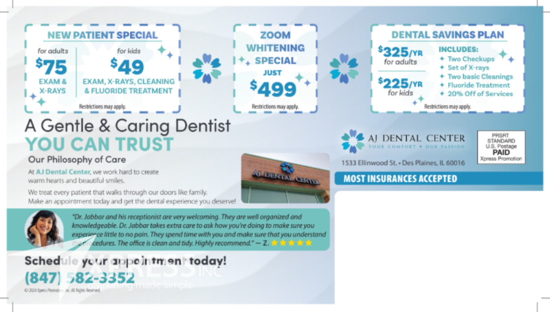 A dental promotional mailer advertising new patient specials, a dental savings plan, and whitening services in Des Plaines.