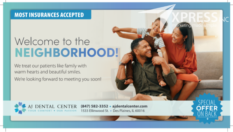 A postcard for AJ Dental Center featuring a smiling family, practice contact details, and a special offer note.