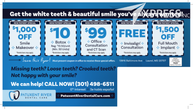 Promotional flyer for Patuxent River Dental Care listing dental service coupons and contact information in Laurel, MD.
