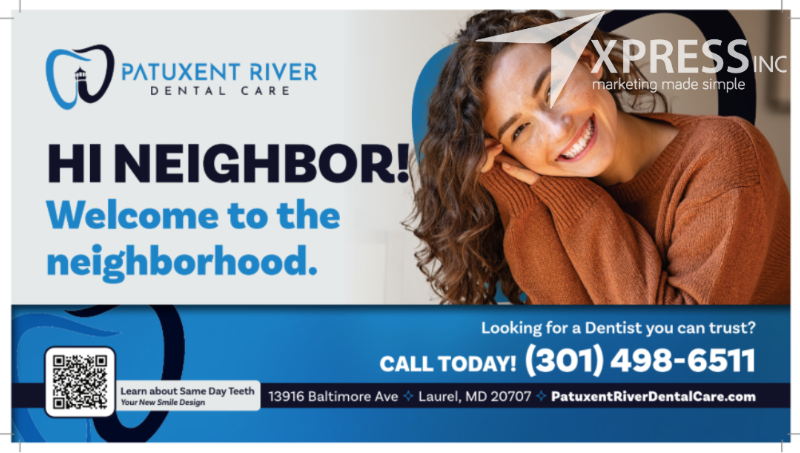 A postcard for Patuxent River Dental Care featuring a smiling person, contact information, and a QR code.