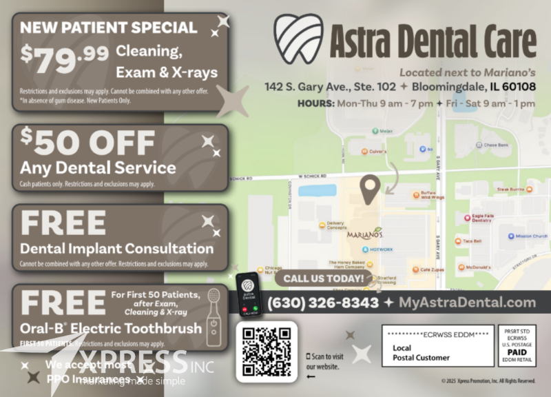 Flyer for Astra Dental Care in Bloomingdale, IL, featuring special offers, contact info, a location map, and website.