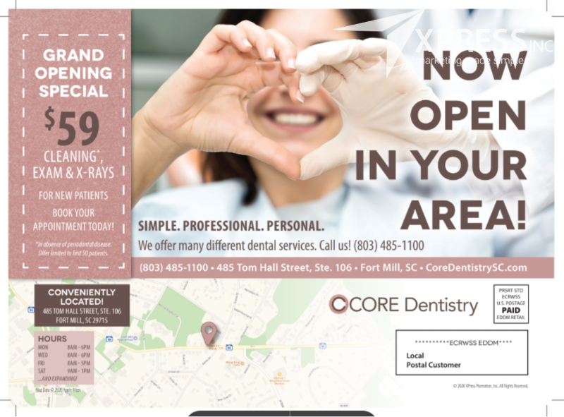 Promotional postcard for Core Dentistry, featuring a $59 new patient special, contact info, and map for their Fort Mill office.