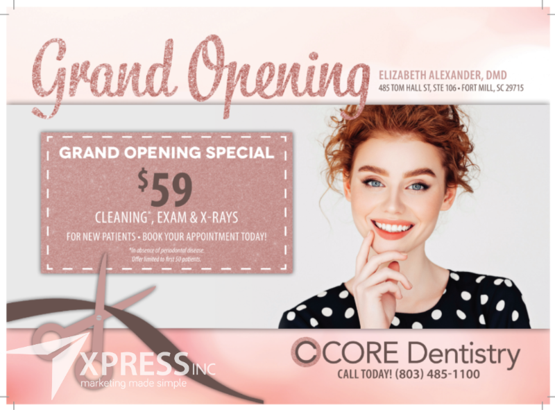 Grand Opening flyer for Core Dentistry, featuring a $59 special for cleaning, exam, and X-rays. Phone: (803) 485-1100.