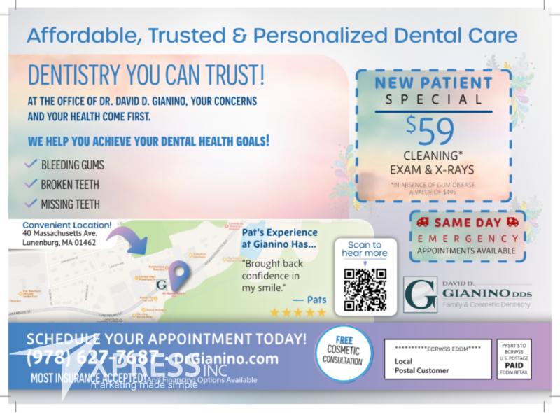 Promotional flyer for Gianino DDS offering a $59 new patient dental special in Lunenburg, MA, with contact information.