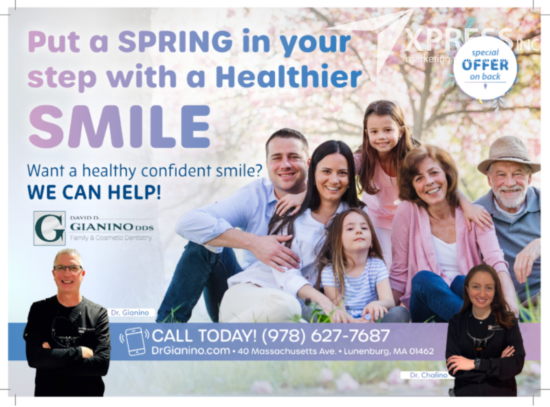 Promotional flier for Gianino Dentistry featuring a smiling family, two dentists, and contact details for the office.