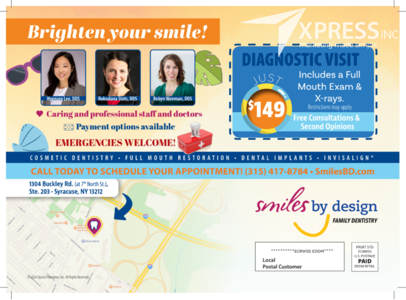 Ad for Smiles by Design, showing staff, dental services, a $149 exam offer, contact info, and a map of their Syracuse office.