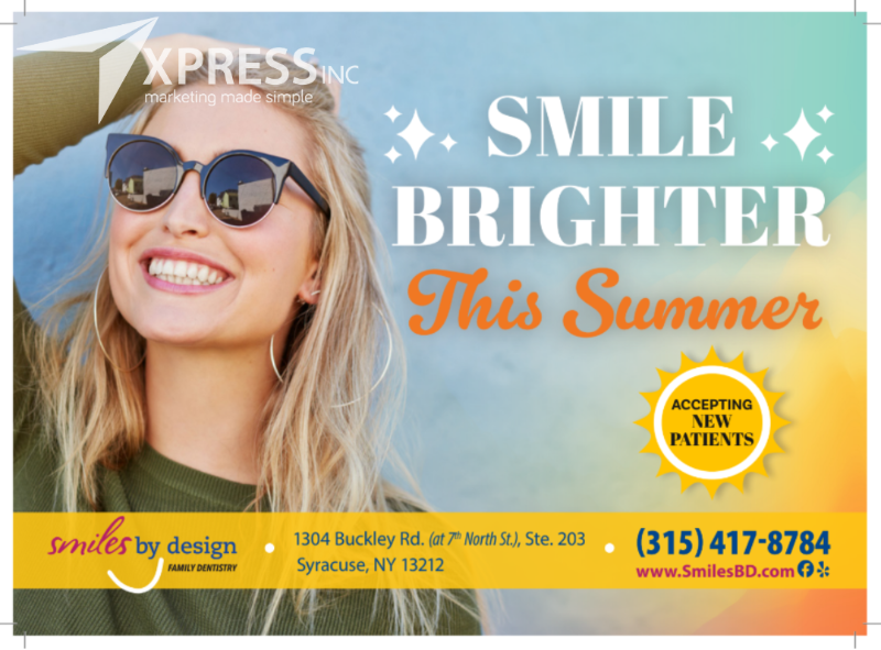 A dental marketing postcard featuring a smiling woman in sunglasses with text: 