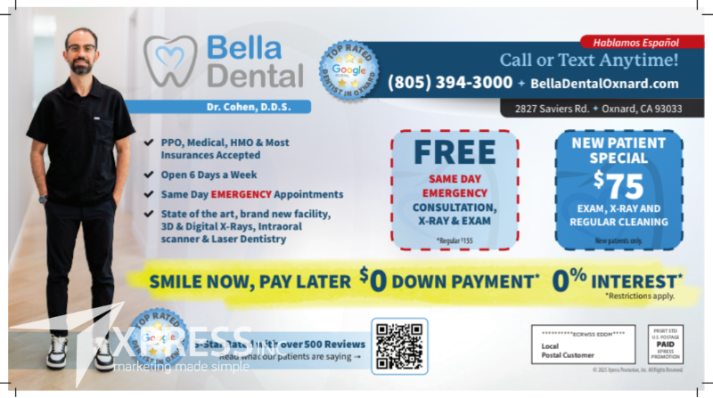 Promotional flyer for Bella Dental, featuring a dentist, office details, contact info, and special patient offers.