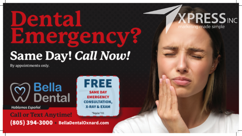 Dental emergency advertisement for Bella Dental featuring a person in pain, contact info, and a free offer for an exam.