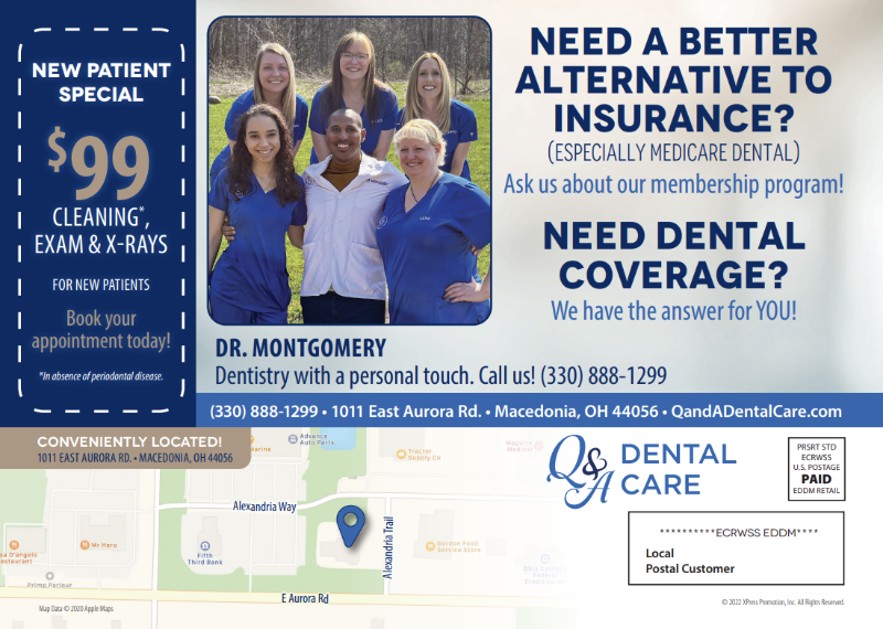 Dental office mailer promoting a $99 new patient special, membership plans, location details, and contact information.