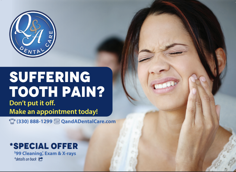 A person holds their cheek in pain, alongside Q&A Dental Care text promoting appointments and a $99 cleaning offer.