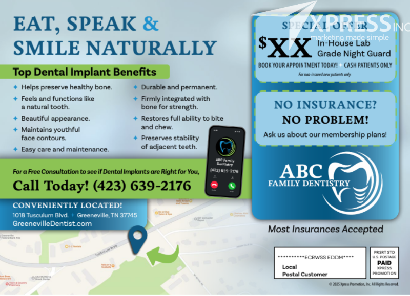 Promotional flyer for ABC Family Dentistry offering dental implants, contact information, a map, and special offers.
