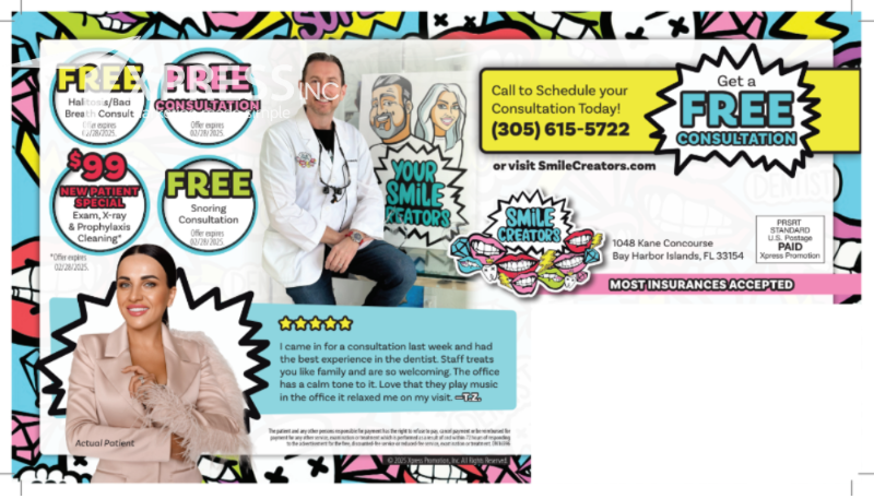 A dental advertisement for Smile Creators featuring a doctor, patient testimonial, contact details, and special offers.