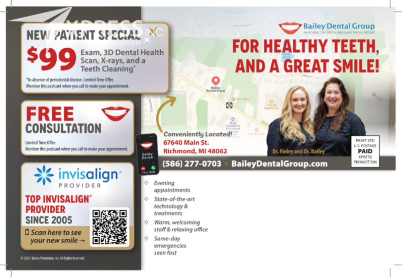 Bailey Dental Group promotional mailer offering new patient specials and Invisalign, with contact info and office details.