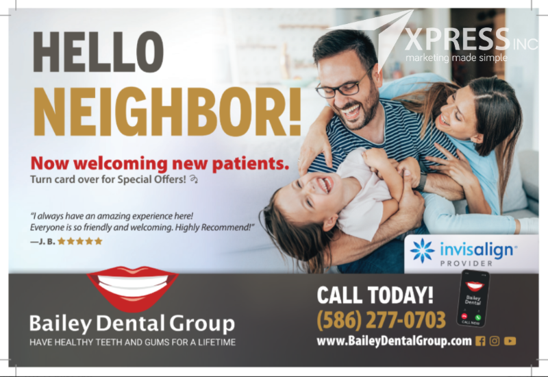 Promotional postcard for Bailey Dental Group, featuring a happy family, contact details, and Invisalign branding.