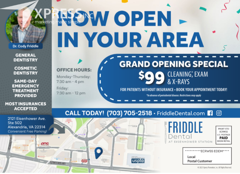 A postcard announcing the opening of Friddle Dental in Alexandria, VA, featuring a grand opening offer and office hours.