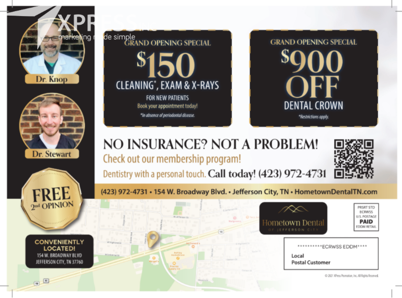 Promotional flyer for Hometown Dental featuring grand opening offers, contact info, location, and staff photos.