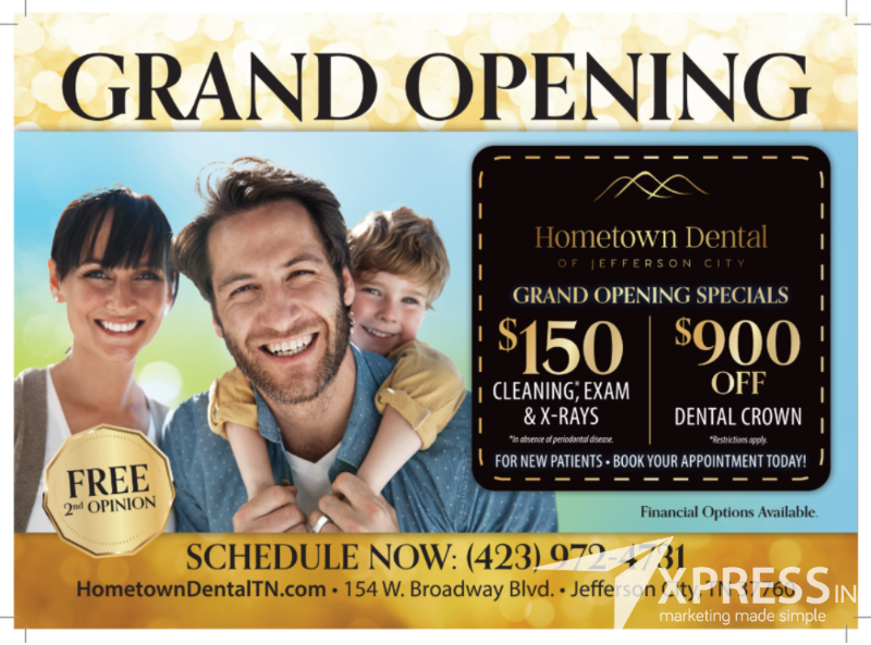 Grand opening flyer for Hometown Dental featuring special discounts, contact information, and address.