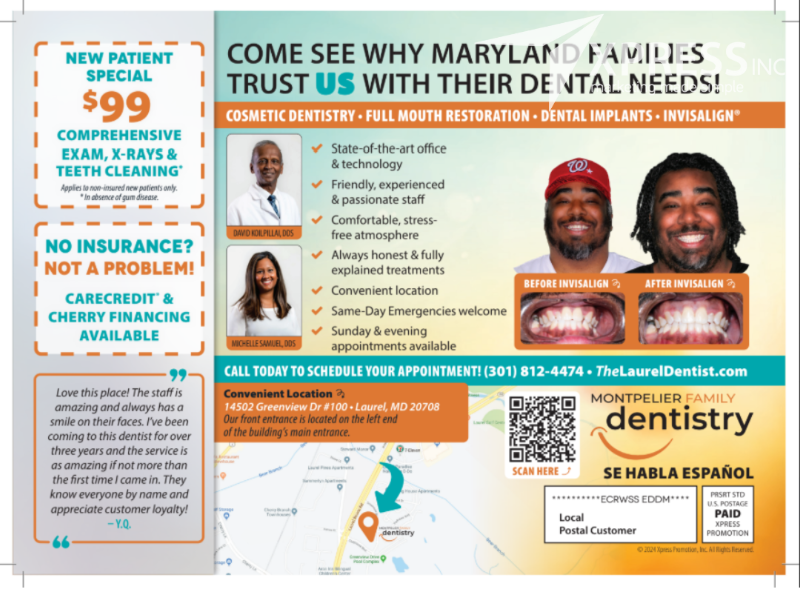 Promotional flyer for Montpelier Family Dentistry, listing services, a new patient offer, location, and contact information.